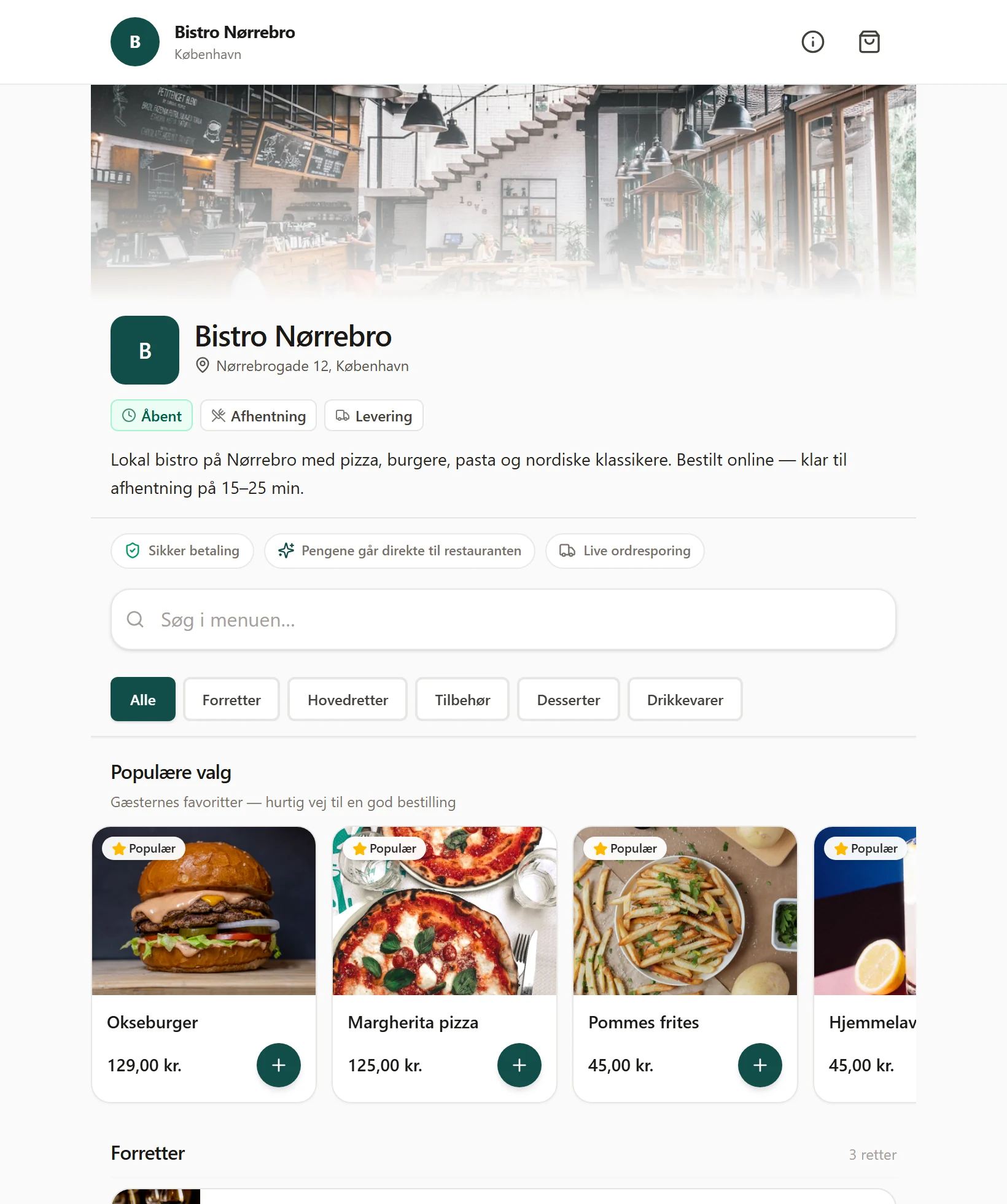 Bistro Nørrebro på tablet: rigtig OrderPlate-demo med søgning, kategorier og Populære valg — samme bestillingsside som orderplate.dk/demo